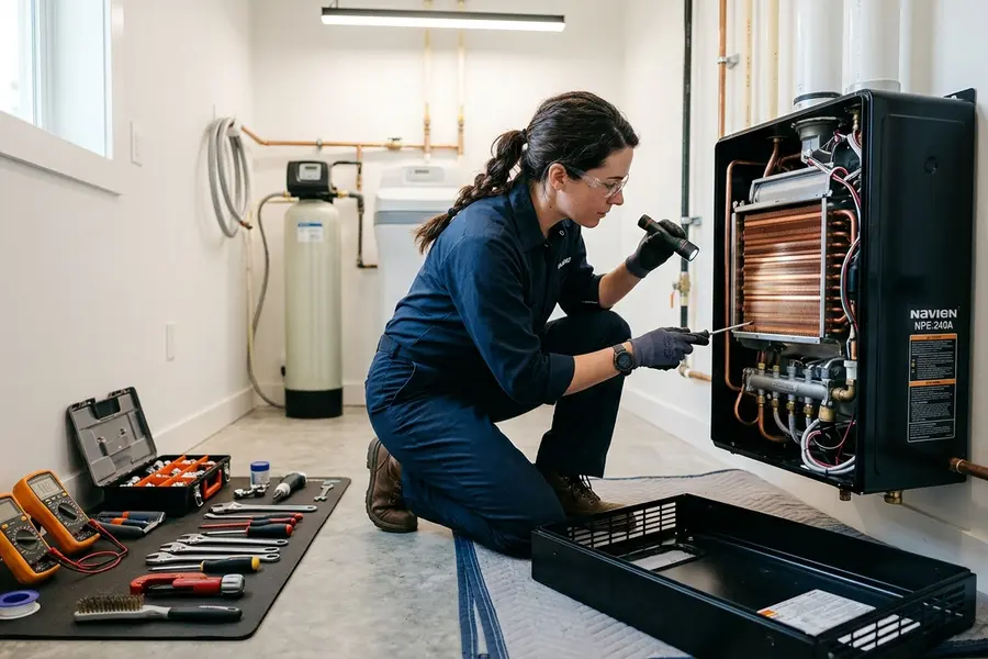 Water Heater Jockey plumber servicing a tankless water heater in Galway